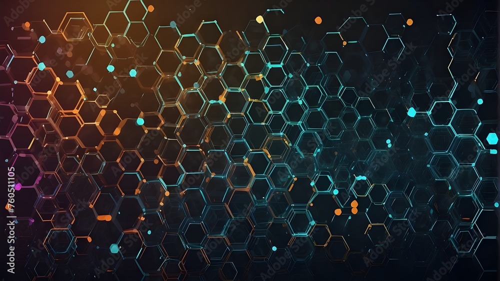 Abstract futuristic backdrop including hexagons, in the manner of multi-layered geometry, dark azure, recycled materials, and volumetric lighting. - obrazy, fototapety, plakaty 