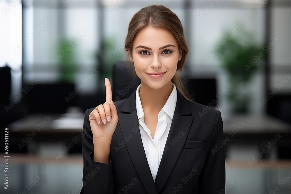 Businesswoman gesture pointing finger up and think great idea Businesswoman gesture pointing finger up and think great idea