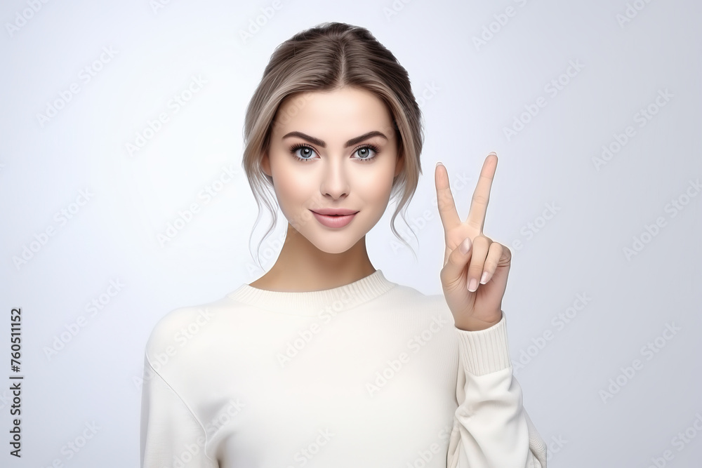 Beautiful woman gesture victory sign on plain background Beautiful woman gesture victory sign on plain background
