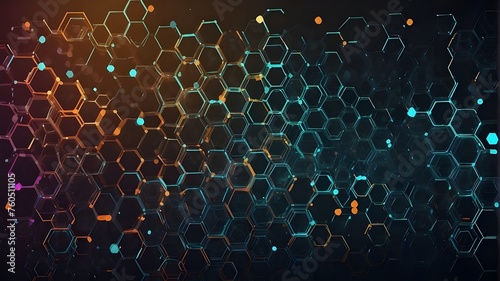 Abstract futuristic backdrop including hexagons, in the manner of multi-layered geometry, dark azure, recycled materials, and volumetric lighting.