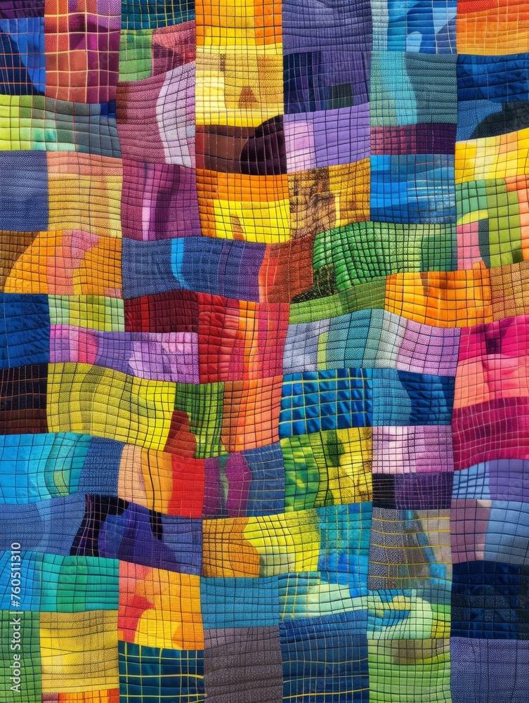 A vibrant quilt featuring squares of different colors stitched together in a patchwork design