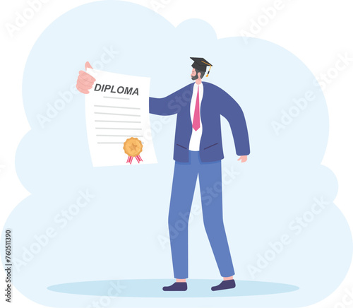 Illustration of obtaining degree, diploma of university, college or business school. A man in a suit hold a degree certificate.

