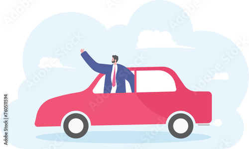 Businessman driving the car and waving to someone. Saying hello. Vector, illustration, flat

