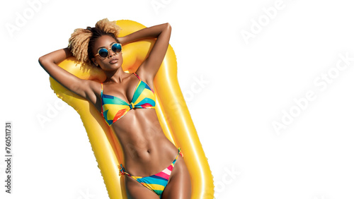 Black woman blonde hair with sunglasses relaxing from the heat in the pool on an inflatable clachon on summer vacation isolated on a transparent background. Black Woman Sunbathing Png photo