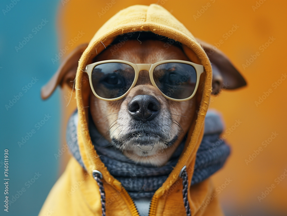 Stylish dog struts the sidewalk in trendy sunglasses and hoodie, exuding confidence and flair, colorful bright background. pet fashion concept.
