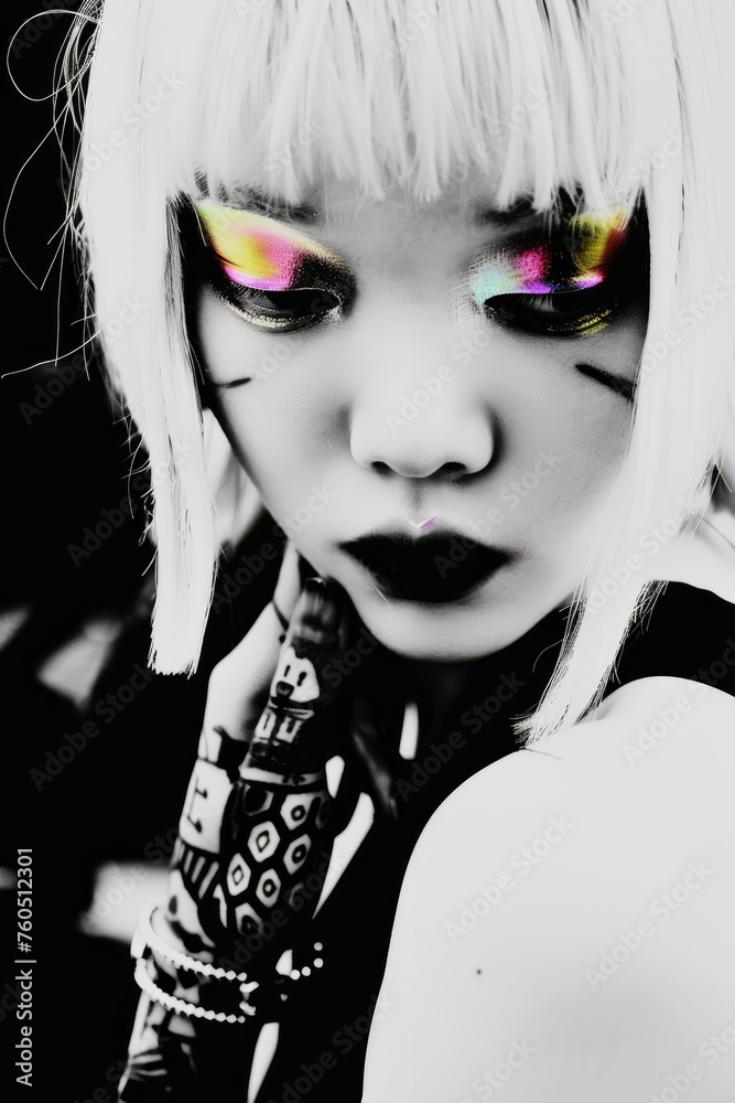 Fototapeta premium Closeup of Maiko, New York, white hair, black and white, iridescent highlights grunge photo retro nostalgic fantasy dark noir art, Japanese, Asian, rainbow eyeshadow, glimmer, edgy, modern, fantasy