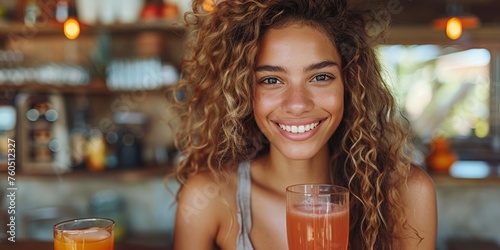 A happy and attractive Hispanic woman enjoys a nutritious organic juice  radiating health and happiness.