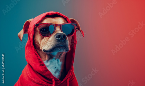 Stylish dog struts the sidewalk in trendy sunglasses and hoodie, exuding confidence and flair, colorful bright background. pet fashion concept. © AI Vision Studio
