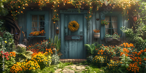 Ancient wooden house cute design 3d illustratable front door of house in large brick house with flowers in pots.