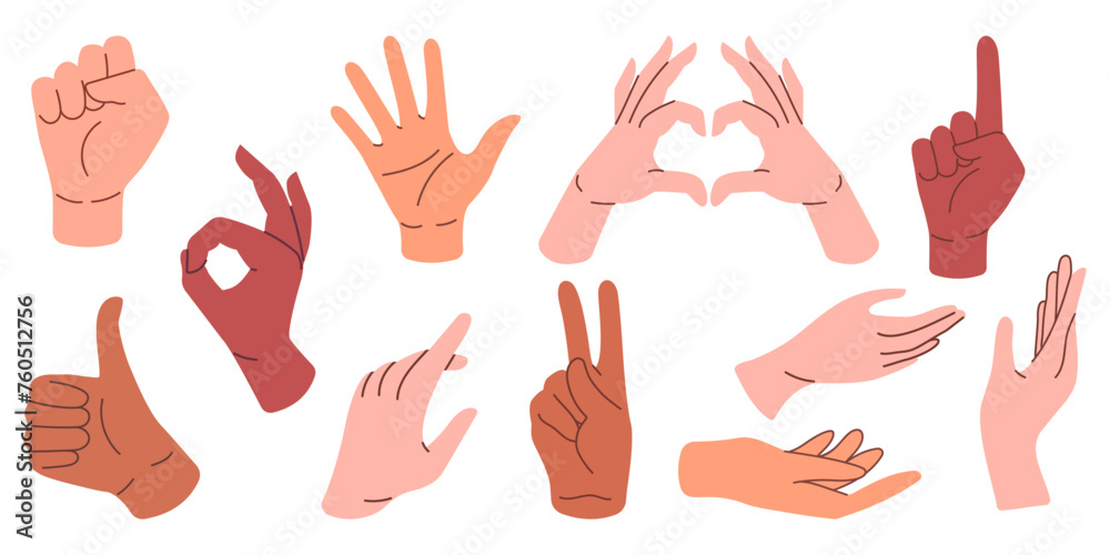 Set of various gestures of human hands isolated on a white background. Vector different man woman hands showing peace sign, heart, thumb up.