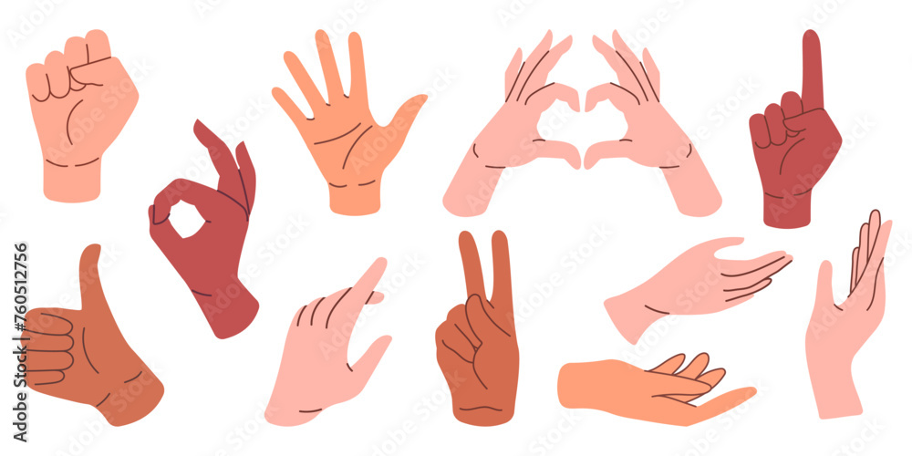 Set of various gestures of human hands isolated on a white background. Vector different man woman hands showing peace sign, heart, thumb up. Set of various gestures of human hands isolated on a white background. Vector different man woman hands showing peace sign, heart, thumb up.