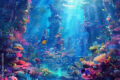 A vibrant painting depicting a bustling underwater scene filled with various fish and coral formations. Generative AI © Azhorov