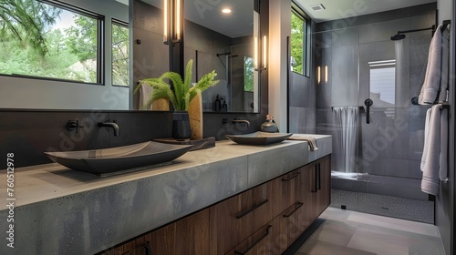 Luxurious Modern Bathroom with Concrete Vanity and Waterfall Shower