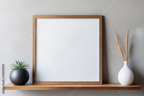 Blank mock up poster frame on wooden shelf against concrete wall