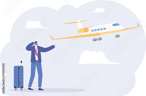 Businessman or manager missed a plane and very upset. Illustration, vector, flat

