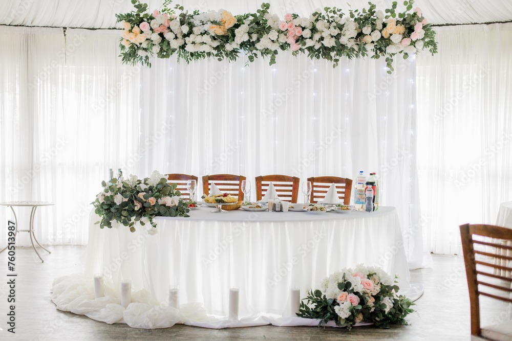 Elegant wedding reception venue, beautifully decorated with drapes and floral arrangements. Ideal for wedding planning content, venue marketing