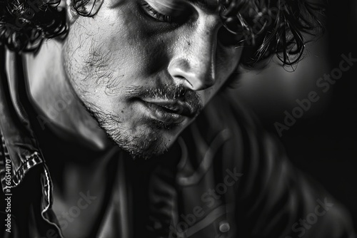 A black and white portrait of a man with curly hair, captured in a moment of contemplation or deep thought. Generative AI