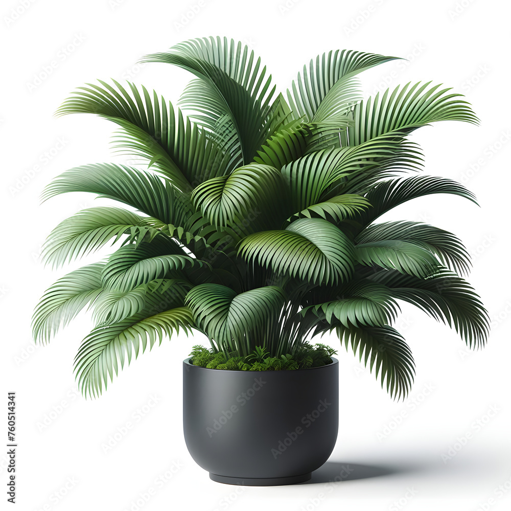 Obraz premium Kentia Palm in black pot, isolated on a white background, Copy space