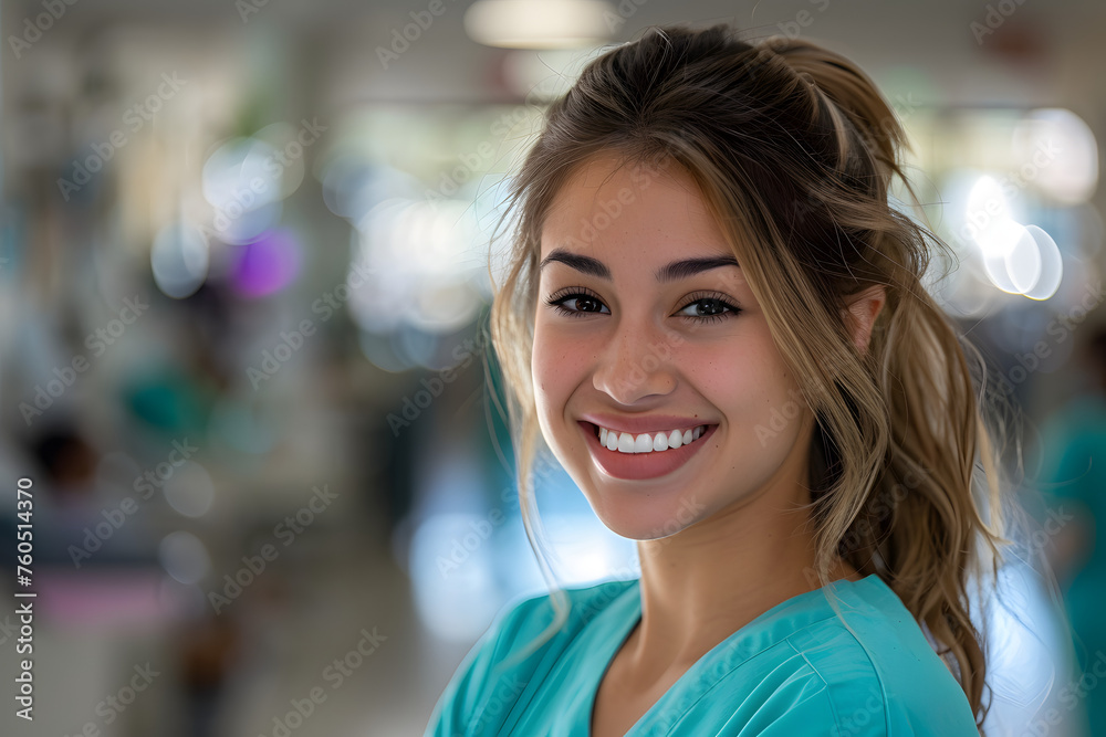 young hispanic nurse, medical blurry background young hispanic nurse, medical blurry background