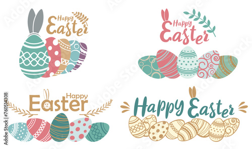 Colorful Easter eggs, twigs, a greeting "Happy Easter" with rabbit ears. East...