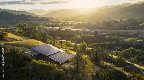 a solar panel installed on a newly constructed modern roof nestled in the foothills, beautyffull view to mountain, sunset, sunrise