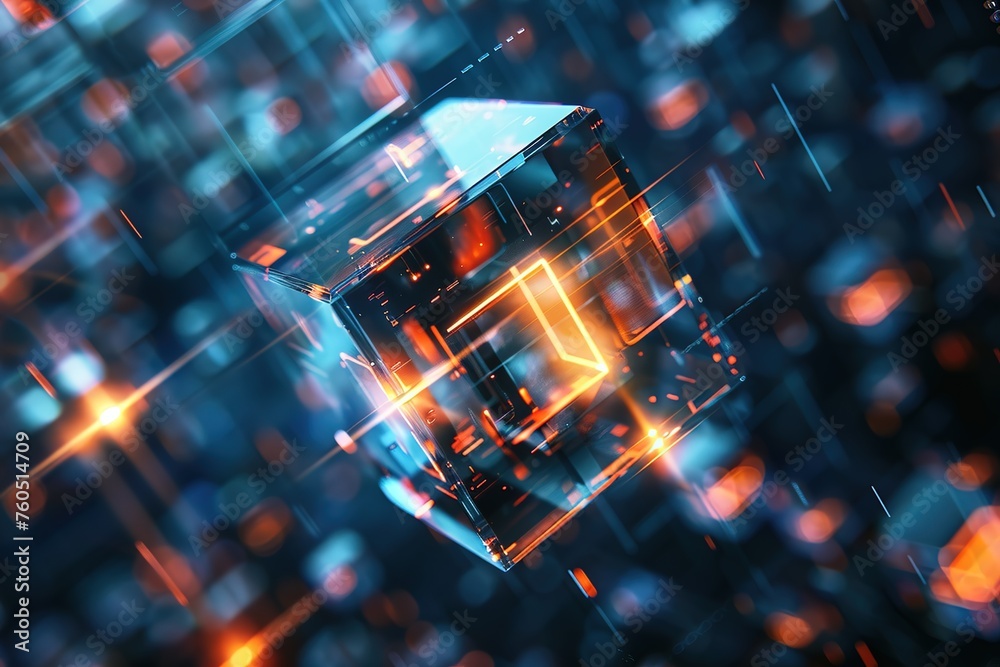 Fototapeta premium Blockchain cube small digital square Technology concept. 3D rendering.background technology futuristic beautiful high tech computer circuit AI brain