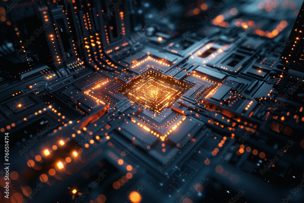 small digital circuit board square Technology concept. 3D rendering.background technology futuristic beautiful high tech computer circuit AI brain