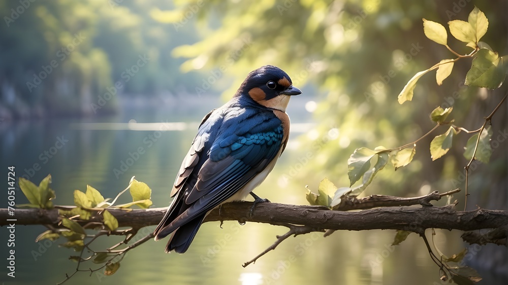 lilac roller on a branch, A lone swallow perched on a delicate branch, its iridescent feathers shimmering in the dappled sunlight as it gazes out over a tranquil lake.