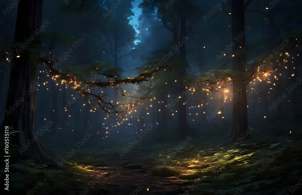 Fototapeta premium A dark forest filled with vibrant fireflies