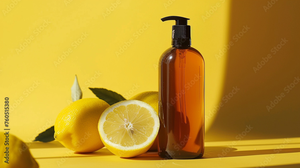 amber cosmetic bottle on lemon background сreated with Generative Ai amber cosmetic bottle on lemon background сreated with Generative Ai