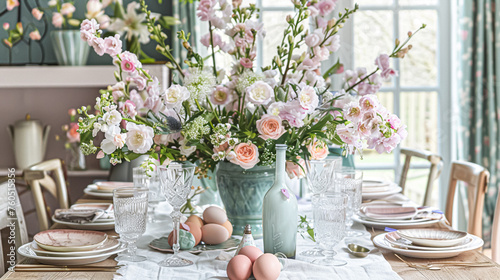 Easter tablescape decoration, floral holiday table decor for family celebration, spring flowers, Easter eggs, Easter bunny and vintage dinnerware, English country and home styling