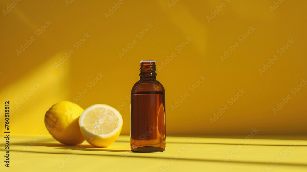 amber cosmetic bottle on lemon background сreated with Generative Ai amber cosmetic bottle on lemon background сreated with Generative Ai