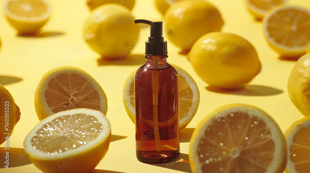 amber cosmetic bottle on lemon background сreated with Generative Ai amber cosmetic bottle on lemon background сreated with Generative Ai