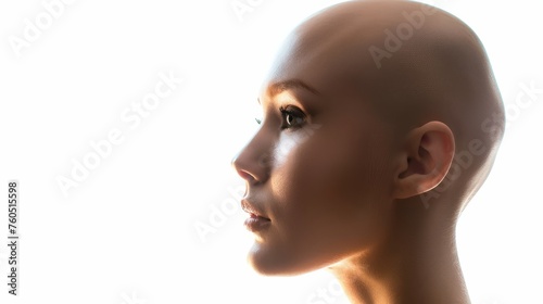 Future Woman Profile Photo of Face, Cyber Girl, bald female, soft light, beauty photo, retouched skin, no hair, futuristic, copy space, isolated, white background, backlit, atmospheric, negative space