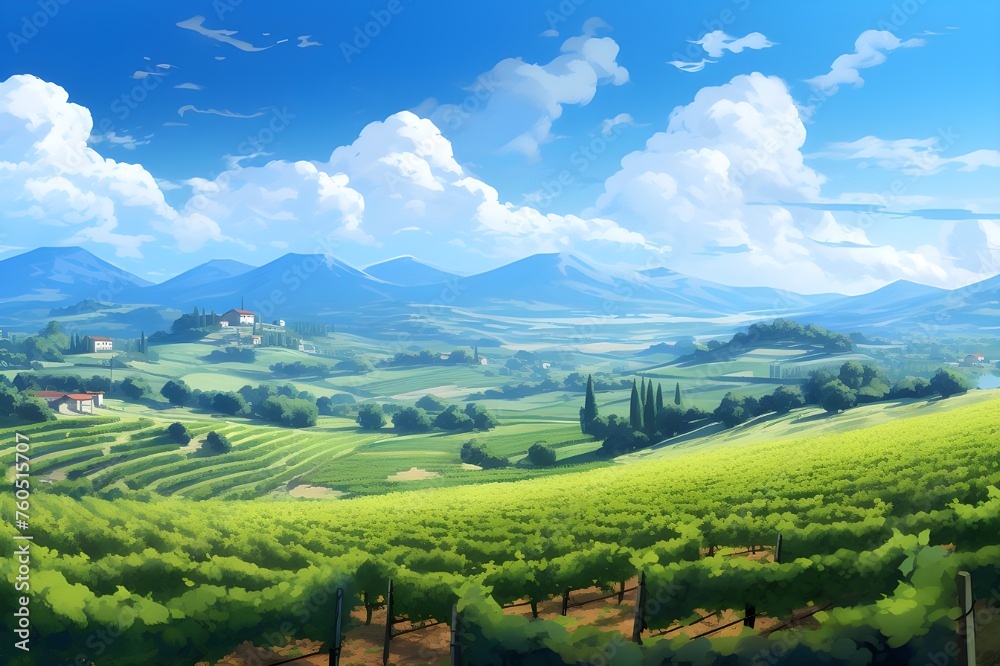 A charming vineyard with rows of grapevines under a clear blue sky, inviting visions of relaxation.
