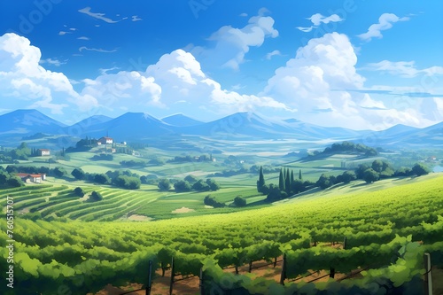 A charming vineyard with rows of grapevines under a clear blue sky, inviting visions of relaxation. 