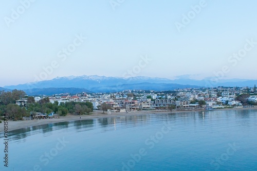 Landscape view of Sunset beach in the evening in clear spring weather, Agioi Apostoloi, Crete, Greece.