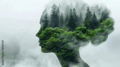 Artistic double exposure blending woman s silhouette with serene forest landscape