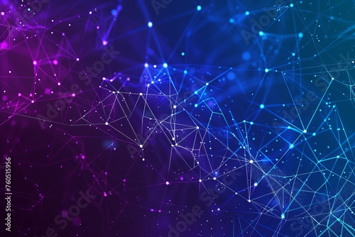 Abstract tech background, illuminated fiber optic connections, Futuristic, Autonomous network, nodes, tubism, quantum computing network system electronic global intelligence blue purple