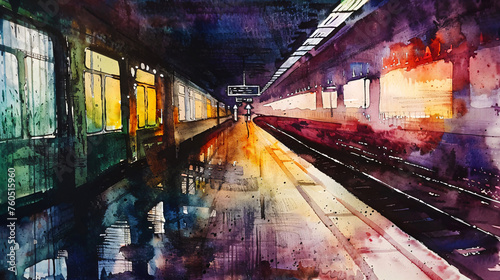 abstract train station in watercolor