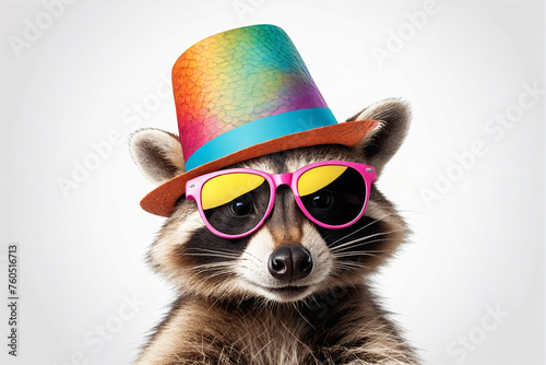 Funny party raccoon wearing colorful summer hat and stylish sunglasses isolated over white background
