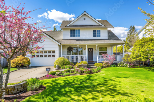 White two-story home with front porch and garage, green grass in the yard, trees and flowers