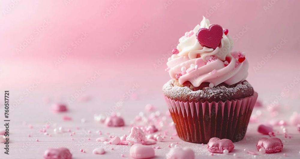 Cover with cupcake on pink background. Dessert for valentine's day or birthday. A festive treat for a wedding or children's party. Sweet treat concept. With space for text. Cover with cupcake on pink background. Dessert for valentine's day or birthday. A festive treat for a wedding or children's party. Sweet treat concept. With space for text.