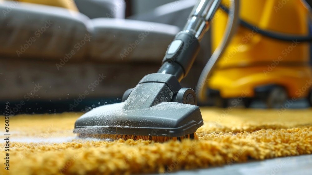 Close-up Of Janitor Cleaning Carpet With Vacuum Cleaner At Home. Room cleaning service. Close-up Of Janitor Cleaning Carpet With Vacuum Cleaner At Home. Room cleaning service.
