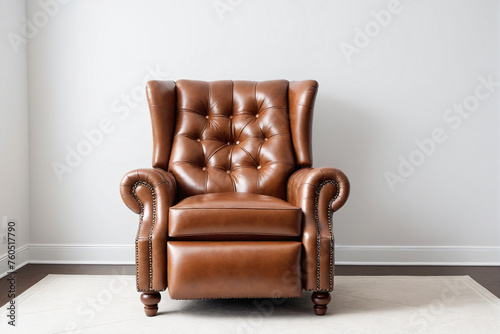 Leather tufted recliner chair against white wall with copy space