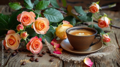 bright roses and coffee stands on the table
