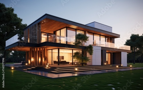 modern house front view at dusk with modern garage © Alexei