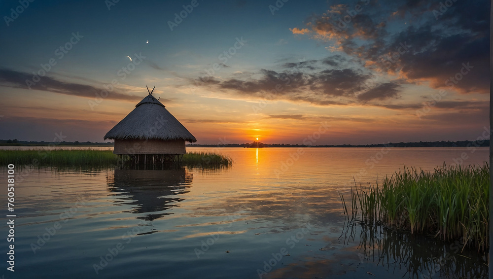 Thatched roof hut on lake at sunset.