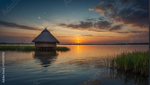 Thatched roof hut on lake at sunset.