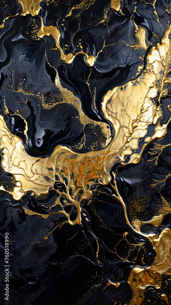 Ink Abstract: Black Colored Paint with Watercolor Stone and Liquid Marble Texture, Modern Gold Glitter Design Splash - Design Template, Wallpaper, Background